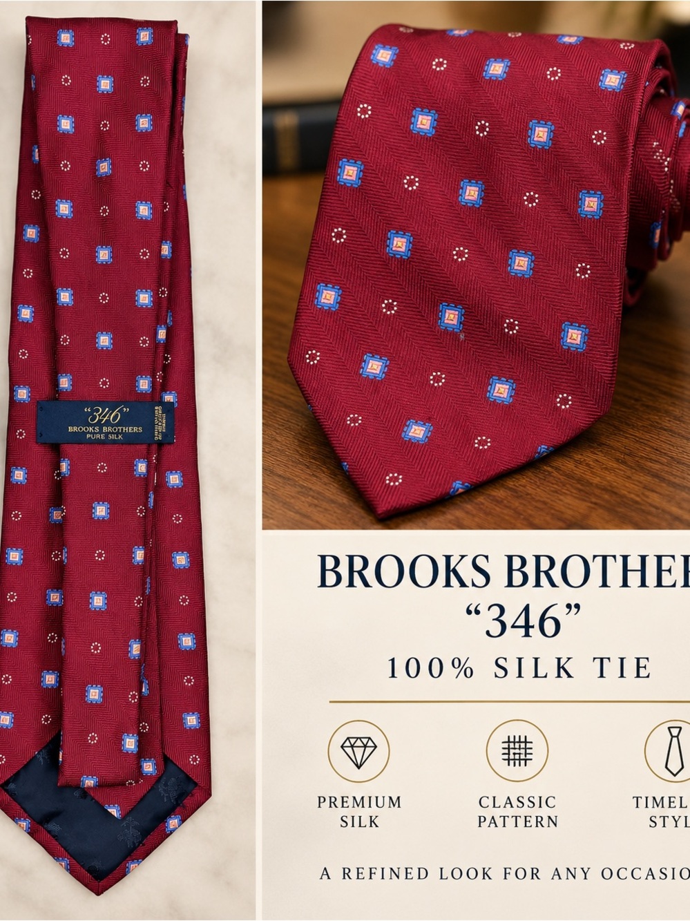Brooks Brothers Burgundy Silk Tie with Blue Medallion Pattern